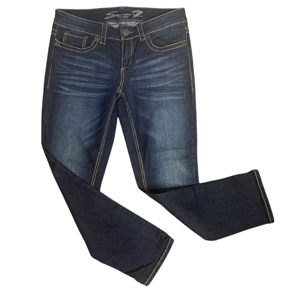 Seven7 Denim Low Rise Skinny Jeans 10 Dark Wash Straight Leg Embroidery Stitch